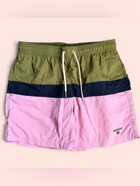 Barbour Men's Logo Swim Trunks Sz M Color Block Green Pink Drawstring 5" Inseam
